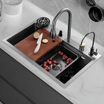 QIMAGE® 304 Grade Stainless Steel Kitchen Sink with Integrated Waterfall & Pull-Down Faucet Set - 30" x 18" x 9 ", Anti-Scratch Design, Includes Cup Washer & Drain Baskets