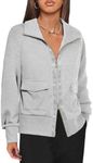 Fisoew Women's Zip up Sweatshirt Collared Neck Long Sleeve Loose Casual Lightweight Jacket with Pockets Grey