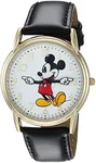 DISNEY Mickey Mouse Adult Classic Cardiff Articulating Hands Analog Quartz Leather Strap Watch, GLD/BRN