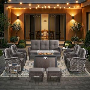 HUMMUH 10 Piece Wicker Patio Set, Swivel Rockers, Sofa & Fire Pit
