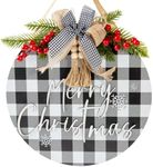 Merry Christmas Wreaths 12'' Welcome Sign for Front Door Decor Buffalo Plaid Xmas Decorations for Porch Rustic Holiday Wall Hanger for Home Indoor & Outdoor