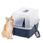 IRIS USA Large Hooded Cat Litter Box with Front Door Flap and Scoop, Enclosed Kitty Litter Tray with Entry Grate for Privacy and Keeping Litter Inside, Navy