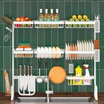 3 Tier Adjustable Dish Drying Rack Over Sink (34"-45") Large 2 Cutlery Holders Dish Drainer for Kitchen Storage Counter Organization, Stainless Steel Dish Rack Display (Sink Size≤44inch, White)