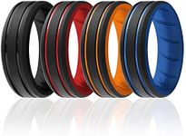 ROQ Silicone Rubber Wedding Ring for Men, Comfort Fit, Men's Wedding & Engagement Band, 8mm Wide 2mm Thick, 2 Thin Lines Beveled Edge Duo, 4 Pack, Black, Red, Orange, Light Blue, Size 10