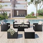 DEVOKO 6 Piece Outdoor Conversation Set All Weather Wicker Sectional Sofa Waterproof Cushion with Ottoman and Glass Top Table for Garden, Deck, Porch, Poolside (Black and Offwhite)