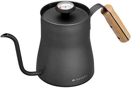 Navaris Hervidor de Agua para café - Tetera de 1 L para hervir Agua con termómetro y Tapa - Calentador de Acero Inoxidable con Mango de Madera
