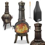 GARDEBRUK® Cast Iron Patio Heater with Fire Guard, Fire Poker and Protective Cover | Compatible with Kindling Wood & Fire Lighters | Premium Fire Pit Chiminea Camping Stove | 28kg, 112cm | Black