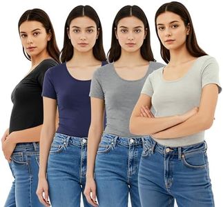 Emmalise Women's Short Sleeve Tshirt Scoop Neck Tee Value Set (4Pk, Bk, NVY, HGry, Oat, 2XL)