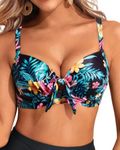 Women Black Floral Underwire Bikini Swim Top - Push Up Knot Front Swimsuit Top 2025 Bathing Suit Bra Top XXL