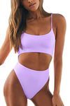 Meyeeka Womens Scoop Neck Cut Out Front Lace Up Back High Cut Monokini One Piece Swimsuit (S, Purple)