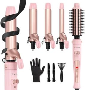 FARERY 4 in 1 Interchangeable Automatic Rotating Curling Iron & Thermal Brush Set, (0.75''-1.25'') Curling Iron, Automatic Hair Curler with 1.5'' Heating Round Curling Brush, Instant Heat 410°F, Pink