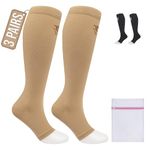 360 RELIEF 3 Pairs Compression Socks for Women & Men - Open Toe Graduated Compression Stockings, Flight Socks, Running, Nurses, Maternity, Pregnancy, S/M, Beige + Laundry Bag