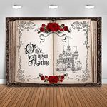 Mocsicka Once Upon a Time Backdrop Princess Castle Wedding Party Background Fairytale Book Red Roses Bridal Shower Party Cake Table Decoration Photo Booth Props (7x5ft)