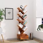 Birdhut Solid Sheesham Wood 9 Tier Tree Bookshelf with Drawer - 9 Open Shelf Bookcase with Metal Legs for Home Office Living Room - Book Shelves Tall Display Unit Book Stand (9 Tier, Honey Finish)