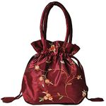 SINSEN Small Drawstring Pouch Gift Bag for Present, Satin Embroidered Potli Bag Clutches Handbag, Brocade Ethnic Jewellery Coin Purses for New Year Birthday Wedding Party Valentine (Burgundy)