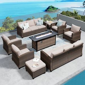 SUNSHINE VALLEY Patio Furniture Set Outdoor Furniture Brown Wicker Rattan Patio Conversation Sets with Cushion Outside Sofa Set,8 Pieces with Rectangular Firepit Table,12 Seats,Beige