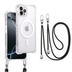 Yetagso Magnetic Case for iPhone 16 Pro Max, Compatible with MagSafe, Clear Strong Magnetic Soft Frame PC Back Shockproof Protective Case Cover with Detachable Lanyard,Clear