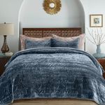 EVERGRACE Luxury Ruched Velvet Quilt King Size, Ultra Soft Bedspread Coverlet Set, Lightweight Velvet Comforter, Quilted Bedding Cover with 2 Matching Shams for All Season, Stormy Blue