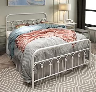 TUSEER Metal Bed Frame Full Size with Vintage Headboard and Footboard Platform Base Wrought Iron Bed Frame (Full, White)