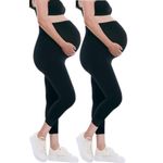 Motherhood Maternity Women's Essential Stretch Secret Fit Over The Belly Pregnancy Crop Capri Legging-2 Pack, Black/Black, 1X (Pack of 2)