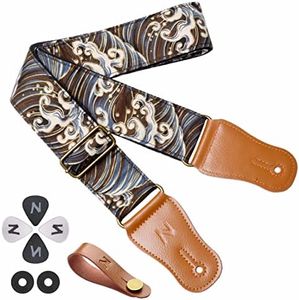 Nefelibata Japanese Cotton Guitar Strap for Acoustic Guitar, Ukulele, Free Headstock Strap Adapter with Buckle, Guitar Picks and Strap Lock(Waves)