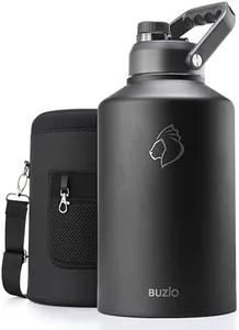 BUZIO 1.5 Gallon Water Bottle Insulated, (Cold for 48 Hrs) 192oz Large Water Jug Stainless Steel, 3.58in Big Wide Mouth Leak Proof BPA Free Flask with Carrying Sleeve for Camping,Gym,Travel, Black