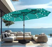 PHI VILLA 15ft Large Patio Umbrella with Solar Lights, Double-Sided Outdoor Market Rectangle Umbrellas with 36 LED Lights, Umbrella Base (Stand) Included, Turquois