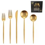 Runfly Matte Gold Silverware Set for 4, 20 Pieces Stainless Steel Flatware Set, Kitchen Utensil Set, Tableware Cutlery Set, Knife Spoons and Forks Set, Satin Finished, Dishwasher Safe with Gift Box