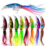 Proximitck 9PCS Fishing Baites Large Simulation Squid Fishing Lures Bait Kit Top Water Fishing Lures with 3D Holographic Eyes & Treble Hook，Plastic Fishing Lures for Saltwater Fishing