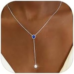 FOCALOOK 925 Sterling Silver CZ Teardrop Lariat Necklace 16"-18" Y Drop Adjustable Birthstone Necklaces for Women