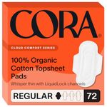 Cora 100% Organic Cotton Topsheet Pads | Ultra Thin Period Pads with Wings | Regular Absorbency | Ultra-Absorbent Sanitary Pads for Women (72 Count)