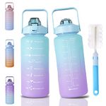 Half Gallon Motivational Water Bottle with Straw & Time markings, 64oz Big Sports Water bottles, BPA Free 2Liter Leakproof Drinking Bottle, for Cycling Running Camping Gym Yoga (Green/Purple Gradient)