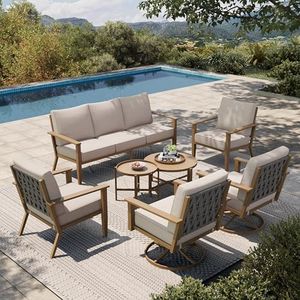 HERA'S HOUSE Patio Furniture Set 5-Piece, Metal Outdoor Conversation Set with Wood Grain Finish, 2 x Leg Chair, 2 x Swivel Chair, 1 x 3-Seat Sofa, 2 x Multi-Functional Coffee Table Garden Deck Lawn