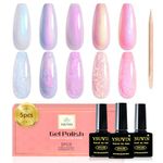 Yueshop Pearl Gel Nail Polish,5 Colors Pink Blue Purple White Pearl Nail Polish,Shimmer Iridescent Gel Nail Polish Soak Off UV/LED Gel Polish Set with a Stick,Shell Swirl Thread Effect,8ML