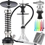 Spring Shisha Set with Silicone Pipe Hose Ceramic Bowl Coal Tong Mouth Tips Everything Accessories, Glass Small Hookah Kit Shisha Complete Set Narguile Smoking Silver