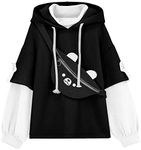 EMILYLE Womens Girls Brown Bear Hoodie Long Sleeve Sweatshirts Cute Pattern Print Kawaii Patchwork Shirts(Black-1,XL)