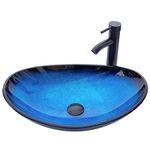 YIMAI Ingenuity Vessel Sink 20.8"x13.7" Bathroom Sinks Tempered Glass Art Basin Oval Bowl with Faucet Combo, Ocean Blue