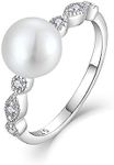 Veshon Pearl Ring for Women, 925 Sterling Silver Women's Cubic Zirconia Rings with 8mm White Freshwater Cultured Pearl, Wedding Jewelry Engagement Band Rings for Women Wife Girlfriend, Size 7