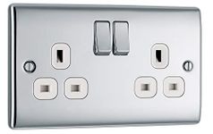 BG Electrical Double Switched Power Plug Wall Socket, Nexus Metal, Polished Chrome, White Inserts,13A, NPC22W