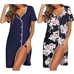 Ekouaer 2 Pack Nightgowns for Women Soft Button Sleep Shirts Short Sleeve Sleepwear Navy Blue & Floral Pattern XXX-Large