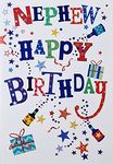 Happy Birthday Card - Nephew - Party Popper Stars Presents Fun Colourful