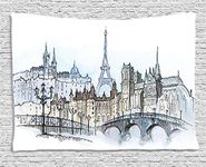 Ambesonne Urban Tapestry, Cityscape Paris and Eiffel Tower Illustration Old Buildings Pattern Design, Wide Wall Hanging for Bedroom Living Room Dorm, 80" X 60", Blue Grey