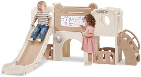 PlayPals 9 in 1 Toddler Slide Set, Large Kids Slide for Toddlers Age 1+, Toddler Climbing Frame PlaySet with Basketball Hoop, Mini Glof and Drawing Set, Indoor Outdoor Kids Playground, White & Brown