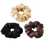 100% Silk Scrunchies for hair, HapHeara Hair Scrunchies 3 Pack, 100% Pure Mulberry Silk Hair Ties Hair Bands for Women, Girls, Thick Curly Hair No Crease Soft & Less Pulling-Black, Brown, Champagne