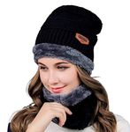 Magic Standard 2Pcs Women's Snow Proof Inside Winter Warm Fleece Fur Wool Beanie Cap with Muffler | Neck Warmer Set Knitted Hat Thick Fleece Lined Winter Hat + Scarf Set|Warm Fleece Lining Cap with Neck Scarf | Neck Warmer (Black, Freesize)