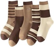 Verdusa Women's 5 Pairs Striped Printed Soft Crew Socks Vintage Mid Calf Socks Brown Beige 36-39