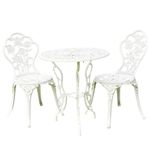 Home Source Rose Garden Patio Outdoor Bistro Set Table and 2 Chairs Metal Garden Furniture, White