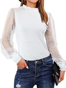 Blooming Jelly Womens Mock Neck Tops Casual Bishop Sleeve Blouse Lace Polka Dot Shirts (X-Large, White)