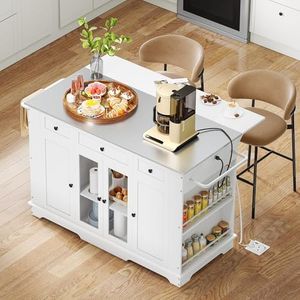 YITAHOME 60 Inch Kitchen Island with Drop Leaf, Mobile Stroage Islands with Stainless Steel Top, Rolling Island Table with Power Outlet, Adjustable Shelves, Spice Rack, Towel Rack for Kitchen, White