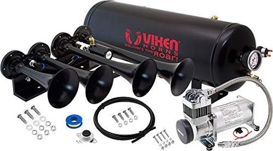 Vixen Horns Train Horn Kit for Trucks/Car/Semi. Complete Onboard System- 200psi Air Compressor, 2.5 Gallon Tank, 4 Trumpets. Super Loud dB. Fits Vehicles Like Pickup/Jeep/RV/SUV 12v VXO8325/4124B